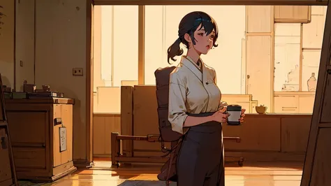An office lady drinking coffee at a cafe on a rainy day　Warm lighting　Japanese anime style