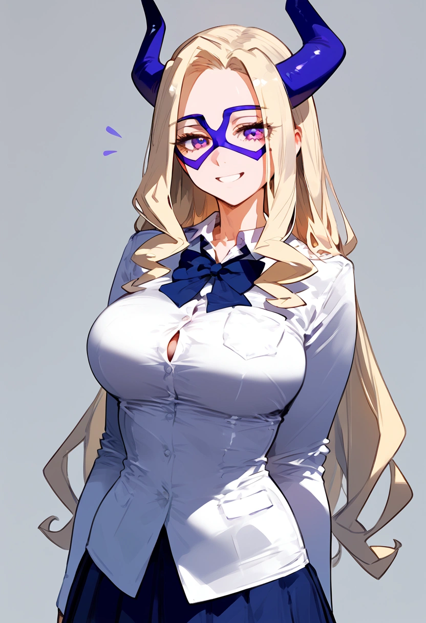 anime artwork, score_9, score_8_up, score_7_up, score_6_up, score_5_up, score_4_up, Mount Lady, blonde hair, purple eyes, big breasts, she is 24 years old, style_3, , , , grey background, (school outfit:1.2) ,, , solo, smile, 