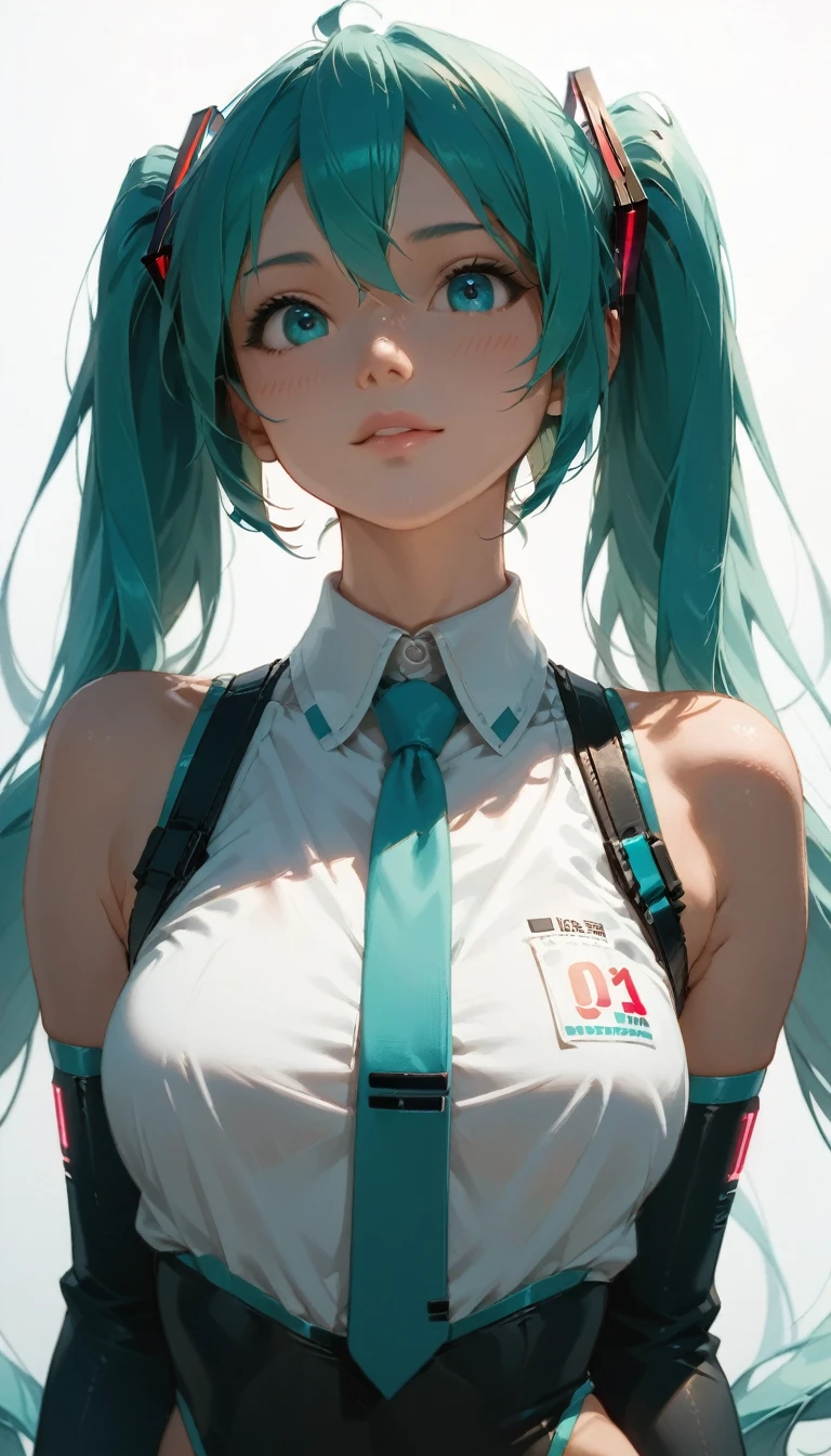 RAW Photos、Blue-green hair,Dual Horsetail,sexy,Adorable,Small eyes、Expressionless,Squat,Twin tails、hatsune miku、Official Art，unity 8k wallpaper，Very detailed，Beautiful works，Highest quality，Realistic,Photo level、Highest quality、Best image quality、masterpiece、