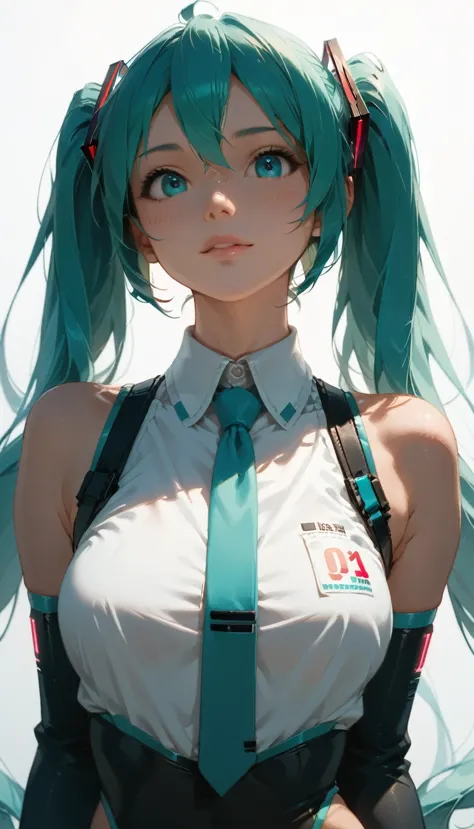 RAW Photos、Blue-green hair,Dual Horsetail,sexy,Adorable,Small eyes、Expressionless,Squat,Twin tails、hatsune miku、Official Art，uni...