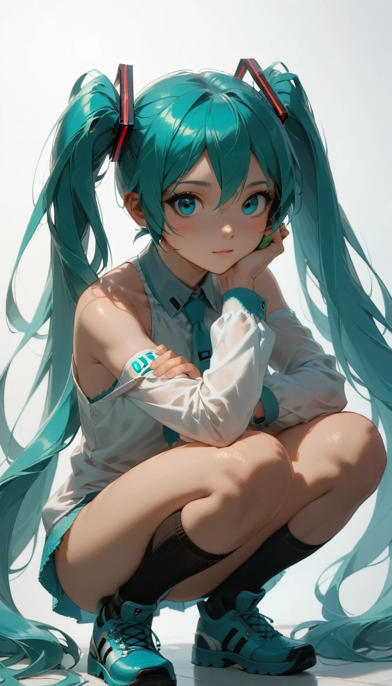 RAW Photos、Blue-green hair,Dual Horsetail,sexy,Adorable,Small eyes、Expressionless,Squat,Twin tails、hatsune miku、Official Art，unity 8k wallpaper，Very detailed，Beautiful works，Highest quality，Realistic,Photo level、Highest quality、Best image quality、masterpiece、