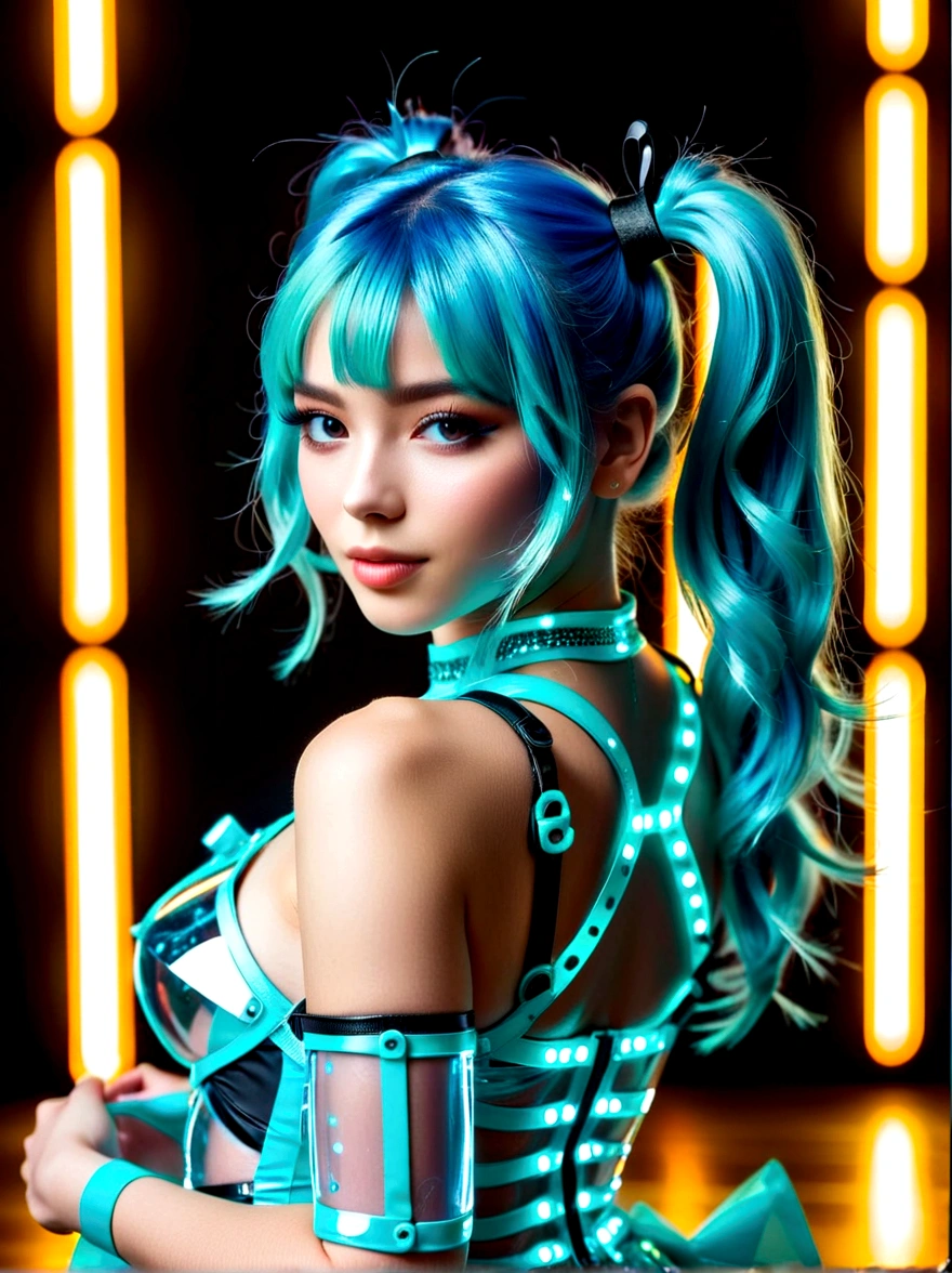 (A young woman with cyan hair in double ponytails:1.5)，Wearing a futuristic outfit，Consists of an electronic-themed dress，(She was wearing transparent high heels made of electronic elements.:1.3)，Her headband consists of a square-shaped emblem.，Hanging ribbons，The color palette includes cyan，black and white，The overall tone is colorful and vibrant，(Full body shot:1.5)，(Vision:1.5)，((Looking directly at the audience，first-person view, ass pov))