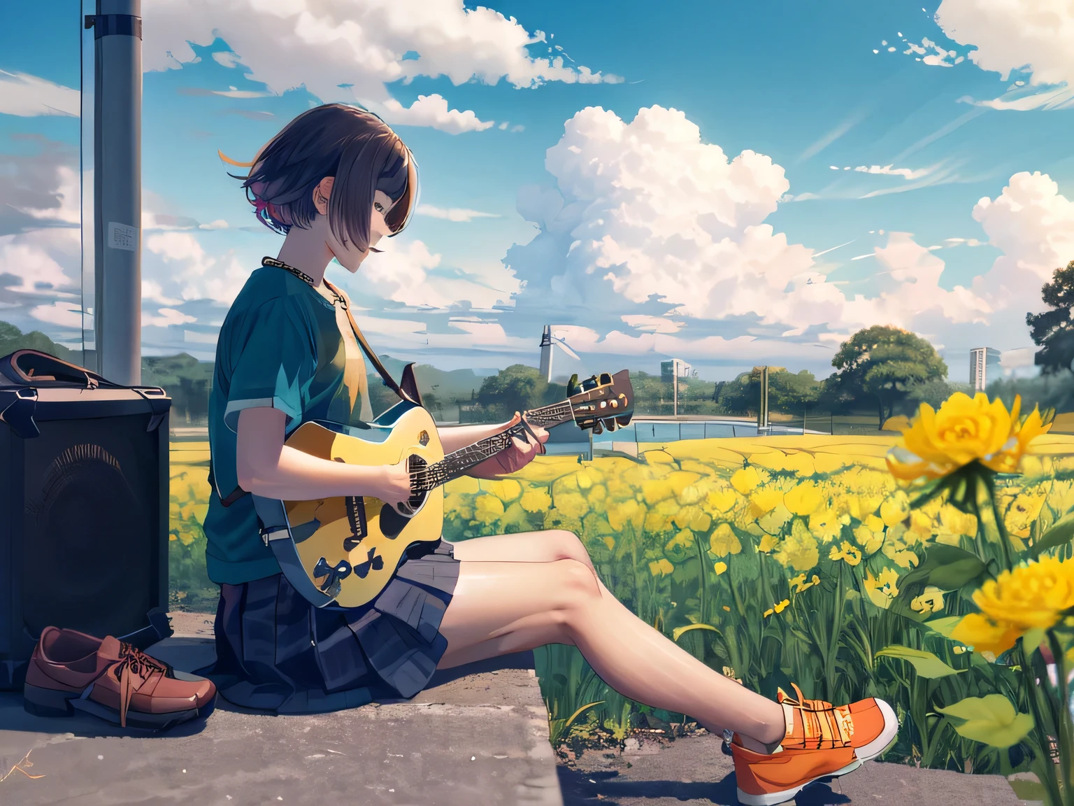 -Blues, One girl, musical instrument, flower, alone, Outdoor, Brown Hair, Sitting, guitar, cloud, null, shoes, flowerびら, short hair, skirt, sneakers, Day, wood, music, Blurred foreground, Blurred, shirt, blue null, playing musical instrument, orange flower, scenery, Wind, holding musical instrument, amplifier, Depth of written boundary, yellow flower, Wide Shot, green skirt, profile, leaf, fence, cloudy null, plant