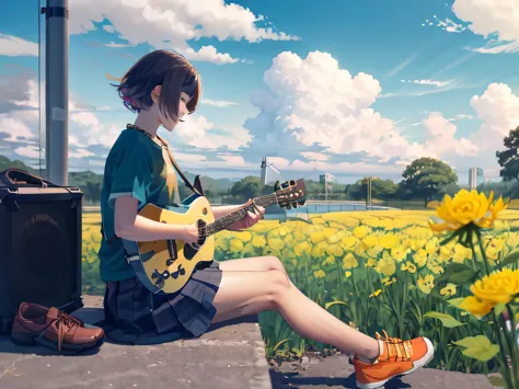 -blues, one girl, musical instrument, flower, alone, outdoor, brown hair, sitting, guitar, cloud, null, shoes, flowerびら, short h...