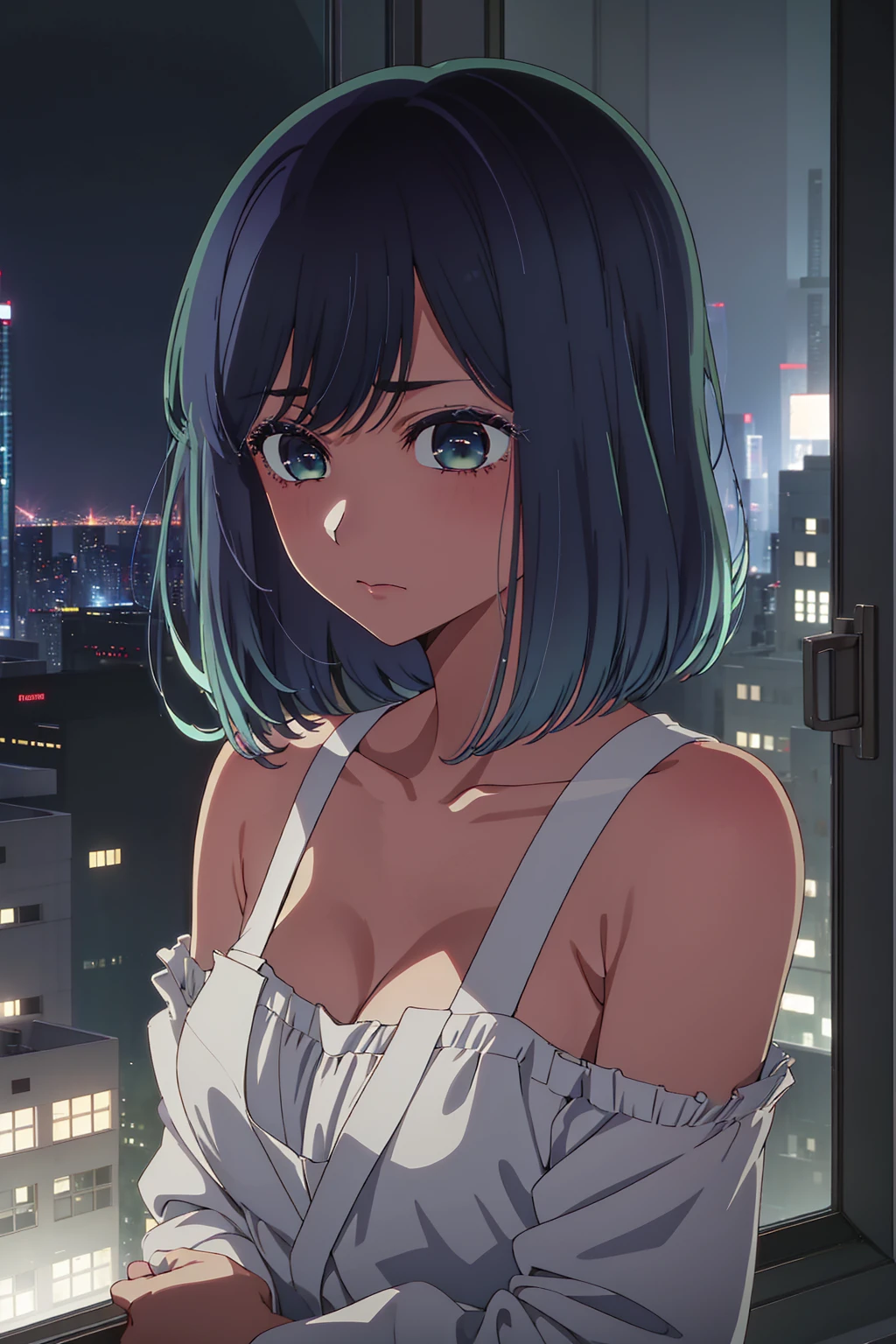 akane kurokawa,desnudo,roca,pelo azul,desnudo,Caliente,sexy,Hermoso,cuerpo perfecto,Una chica,grande ,obra maestra,cara perfecta,cara expresiva,desnudo,Noche、Acostado en una cama junto a la ventana en un edificio de gran altura,iluminación atmosférica、Sad face