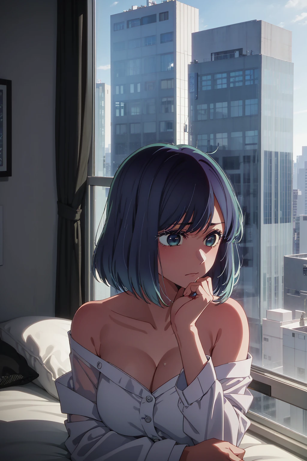 akane kurokawa,desnudo,roca,pelo azul,desnudo,Caliente,sexy,Hermoso,cuerpo perfecto,Una chica,grande ,obra maestra,cara perfecta,cara expresiva,desnudo,Noche、Acostado en una cama junto a la ventana en un edificio de gran altura,iluminación atmosférica、Sad face