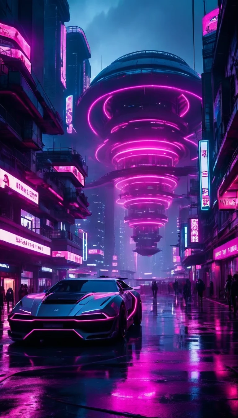 Fotos de uma enorme instalação secreta distópica, futurist, Estilo Blade Runner, apocalipse, céu cinza, Enorme navio (Cargueiro Espacial) Flutuando em torno de estruturas, O local é cercado por enormes, edifícios futuristas., O prédio está iluminado com luzes de neon., Milhares de lindas garotas andando pela rua, Há um carro futurista com luzes rosa neon ao redor., Ambiente Alienígena, ser o mais realista possível, Obras premiadas.