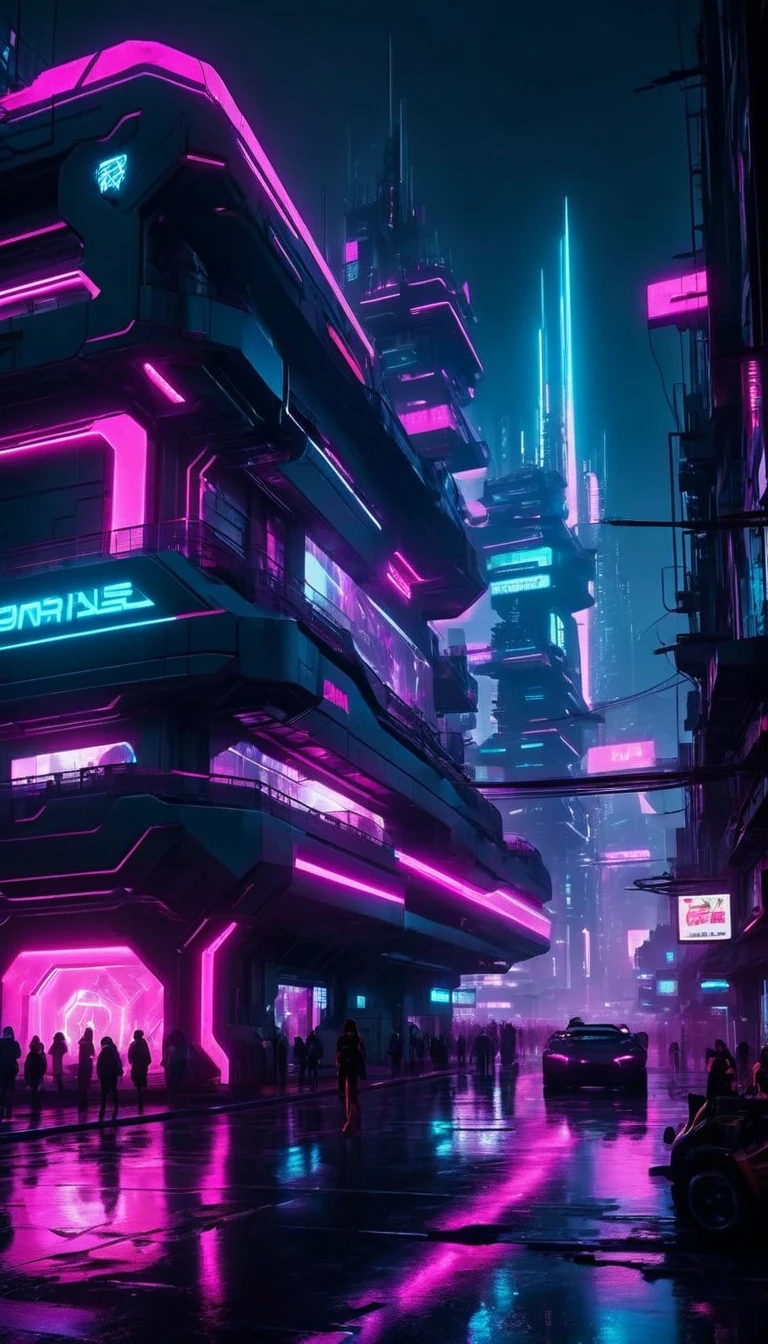 Fotos de uma enorme instalação secreta distópica, futurist, Estilo Blade Runner, apocalipse, céu cinza, Enorme navio (Cargueiro Espacial) Flutuando em torno de estruturas, O local é cercado por enormes, edifícios futuristas., O prédio está iluminado com luzes de neon., Milhares de lindas garotas andando pela rua, Há um carro futurista com luzes rosa neon ao redor., Ambiente Alienígena, ser o mais realista possível, Obras premiadas.