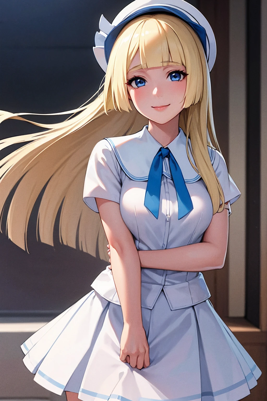 Masterpiece, stunning realistic, best quality, sharpness, 1 girl ,Lillie,blonde hair,blue eyes ,white summer headware,medium breasts,standing in a city,arms behind head,cute smile,half body,white shirt, short sleeves, white skirt, pleated skirt, 