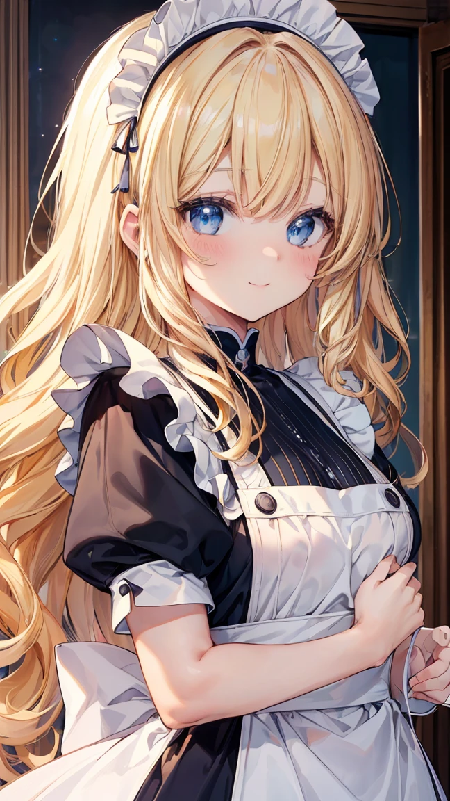 Very detailed、Highest quality、Best image quality、masterpiece、8K、Anime Face、A kind smile、Sparkling Blue Eyes、Long blonde curly hair、Heavy bangs、Wearing a maid&#39;s headband、(SFW Huge Body)、(((Rear View)))、Cowboy Shot、(Wearing a white T-back:1.5)、Muscles of the whole body、Kneel