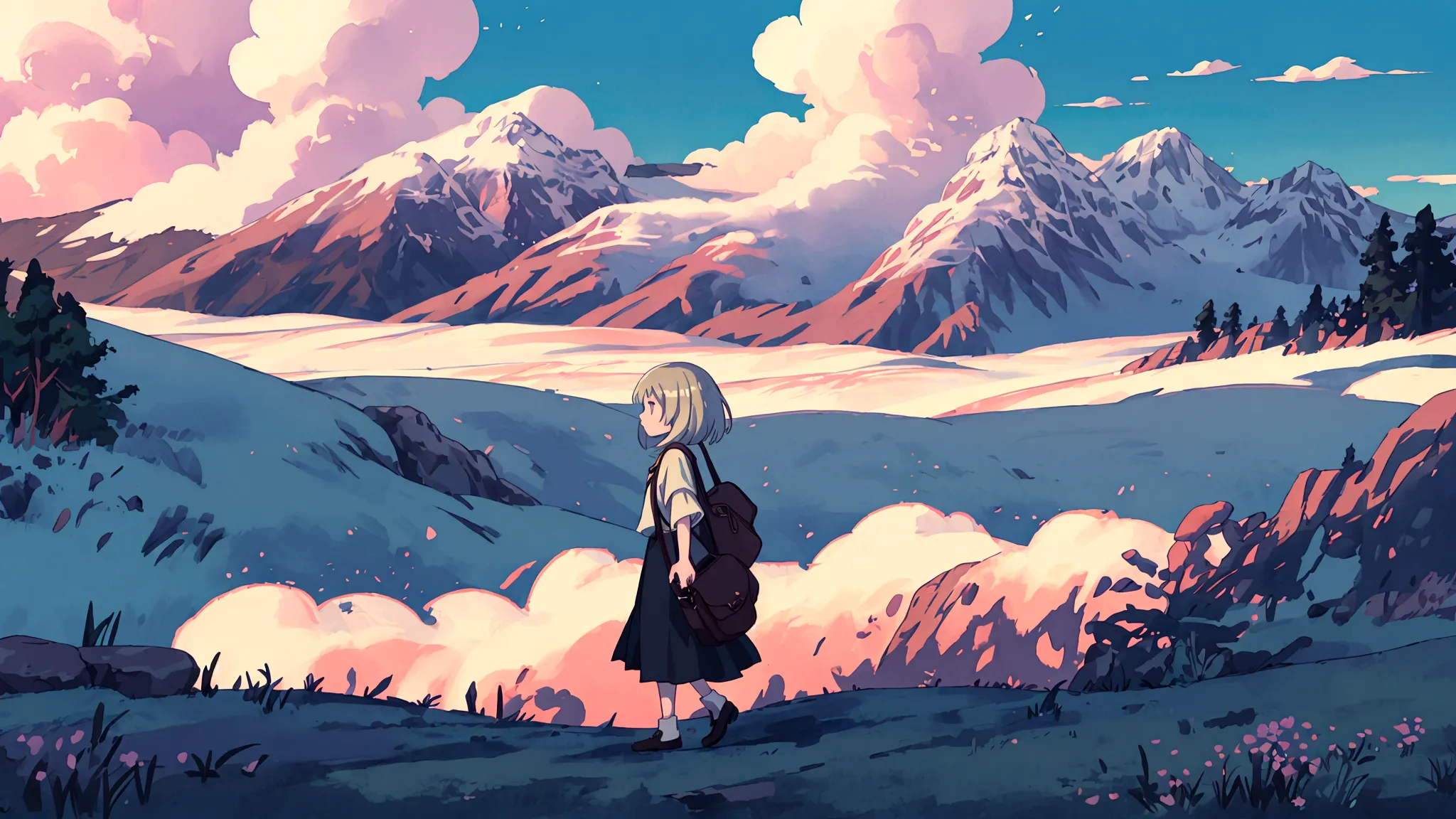 an anime-style image of a young woman journeying through a vast, mysterious world. she is shown walking with a determined expres...