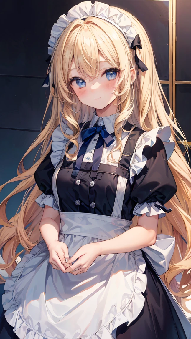 Very detailed、Highest quality、Best image quality、masterpiece、8K、Anime Face、A kind smile、Sparkling Blue Eyes、Long blonde curly hair、Heavy bangs、Wearing a maid&#39;s headband、(SFW Huge Body)、(((Rear View)))、Cowboy Shot、(Wearing a white T-back:1.5)、Muscles of the whole body,full body