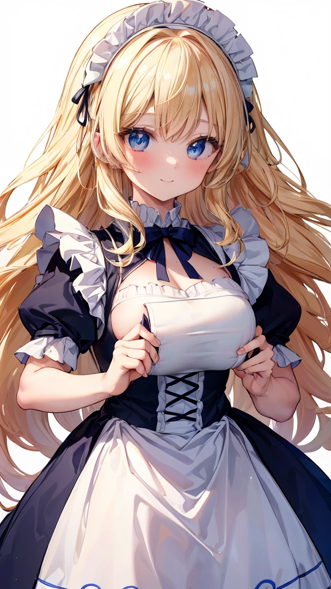 Very detailed、Highest quality、Best image quality、masterpiece、8K、Anime Face、A kind smile、Sparkling Blue Eyes、Long blonde curly hair、Heavy bangs、Wearing a maid&#39;s headband、(SFW Huge Body)、(((Rear View)))、Cowboy Shot、(Wearing a white T-back:1.5)、Muscles of the whole body,full body