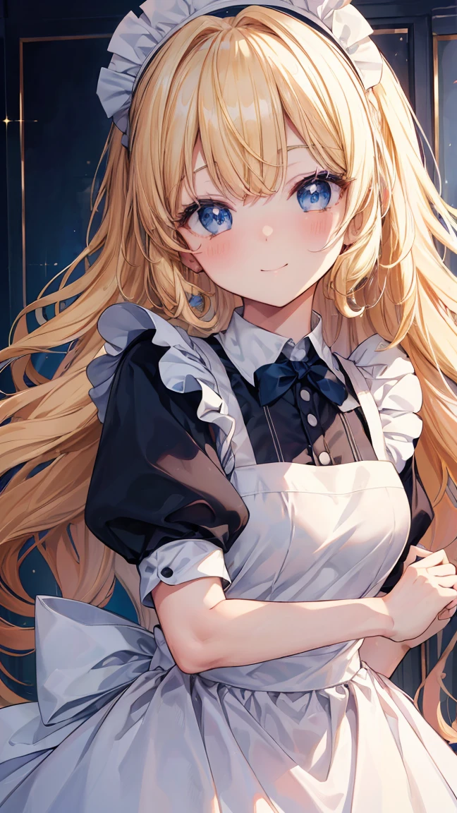 Very detailed、Highest quality、Best image quality、masterpiece、8K、Anime Face、A kind smile、Sparkling Blue Eyes、Long blonde curly hair、Heavy bangs、Wearing a maid&#39;s headband、(SFW Huge Body)、(((Rear View)))、Cowboy Shot、(Wearing a white T-back:1.5)、Muscles of the whole body,full body