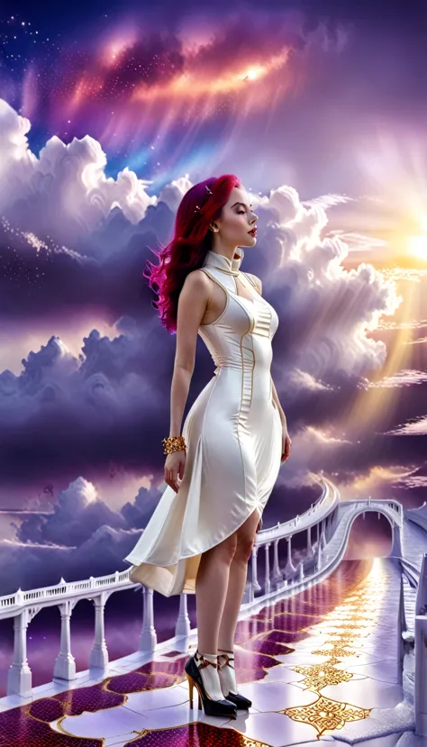 hdr, best image, 8k, photo 12;1, of a beautiful woman hdr photography, white latex dress, below the knee, long purple hair, 'bla...