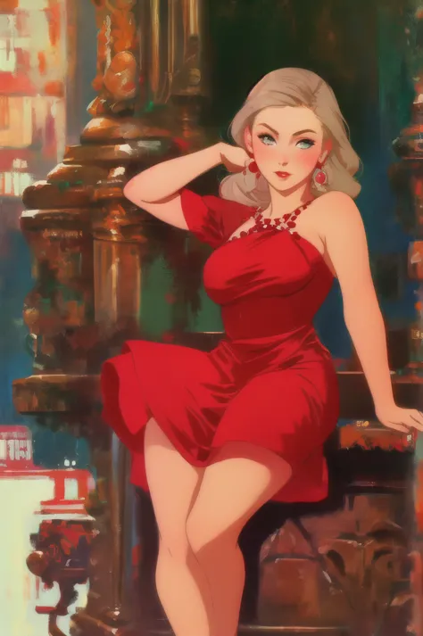 fashionable 30s rebecca cunningham lady bear, red_dress, girlfriend, cute pose, art by robert mcginnis