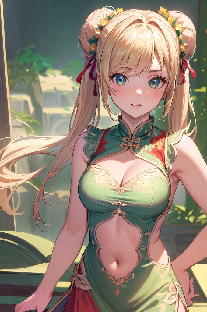 20 years old,1 girl,hyperrealistic, 8k, (extremely detailed 8k), (very delicate and beautiful), (masterpiece), (better quality:1.0), (ultra high resolution:1.0), (masterpiece, best quality), cute,blonde,cleavage cutout,(broen dress:1.3),(crop top navel:1),from front,gleaming skin,twintails,twin bun,red ribbon,green Chinese dress,