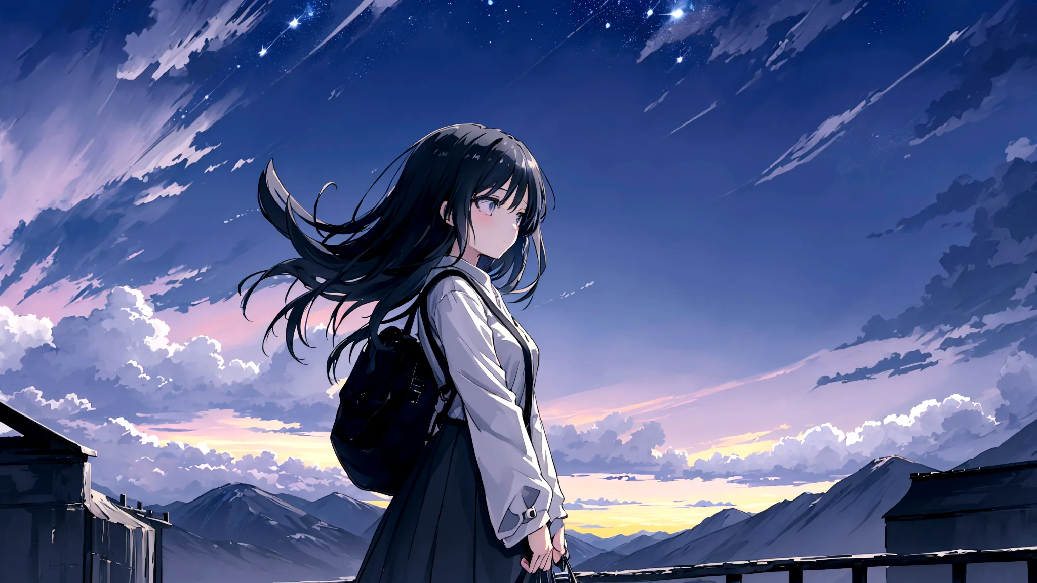 an anime-style image inspired by the lyrics. a young woman is shown walking with a determined expression, carrying a bag, and lo...