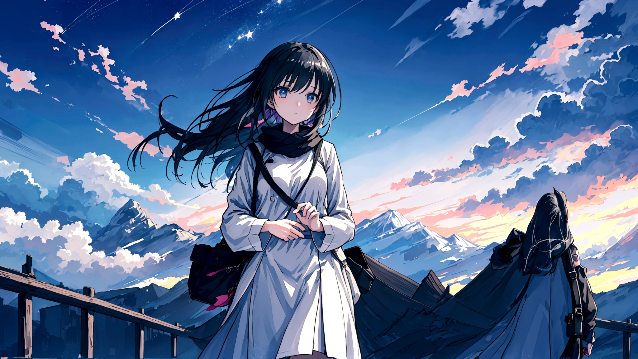 An anime-style image inspired by the lyrics. A young woman is shown walking with a determined expression, carrying a bag, and looking out at endless roads ahead in a vast, mysterious world. The background features diverse landscapes such as mountains, forests, and open skies, depicted with soft, pastel colors to create a dreamy and adventurous mood. She gazes at the stars under the night sky, with hope and courage in her heart, as her journey of endless roads and new discoveries begins. The image is in a 16:9 aspect ratio.