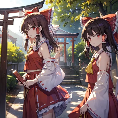 (((reimu hakurei)))　((shrine maiden　shrine))　(maple　shrine)　shining edge　shining background