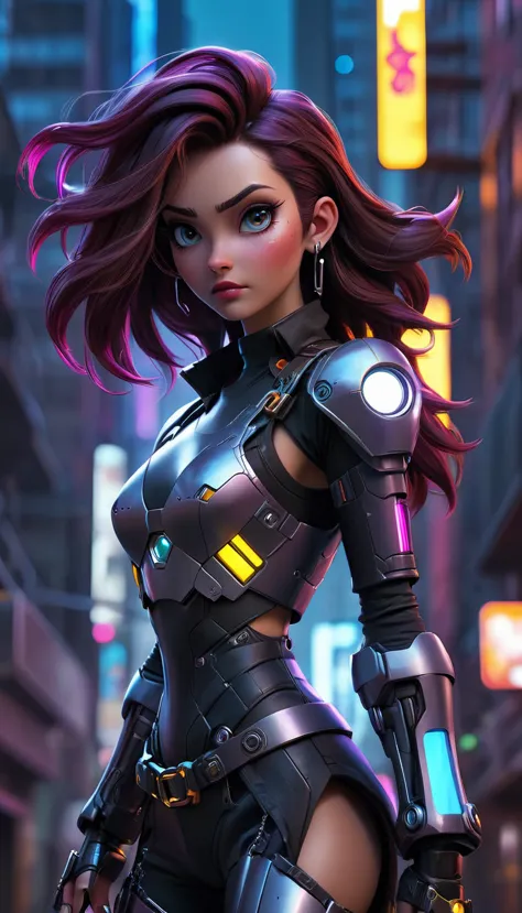 "Create a realistic, highly detailed 8K image of a 20-year-old female space pirate inspired by Iron Man, wearing a shiny, futuri...