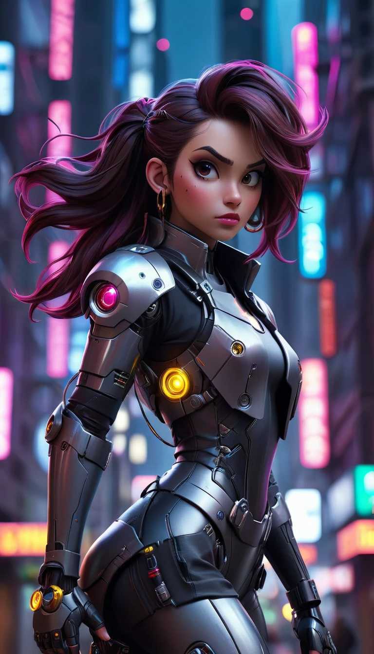 "Create a realistic, highly detailed 8K image of a 20-year-old female space pirate inspired by Iron Man, wearing a shiny, futuristic mech. She is in a cyberpunk-style urban night scene, walking down a street with tall buildings and neon lights. The atmosphere is futuristic and full of adventure, with science fiction elements."