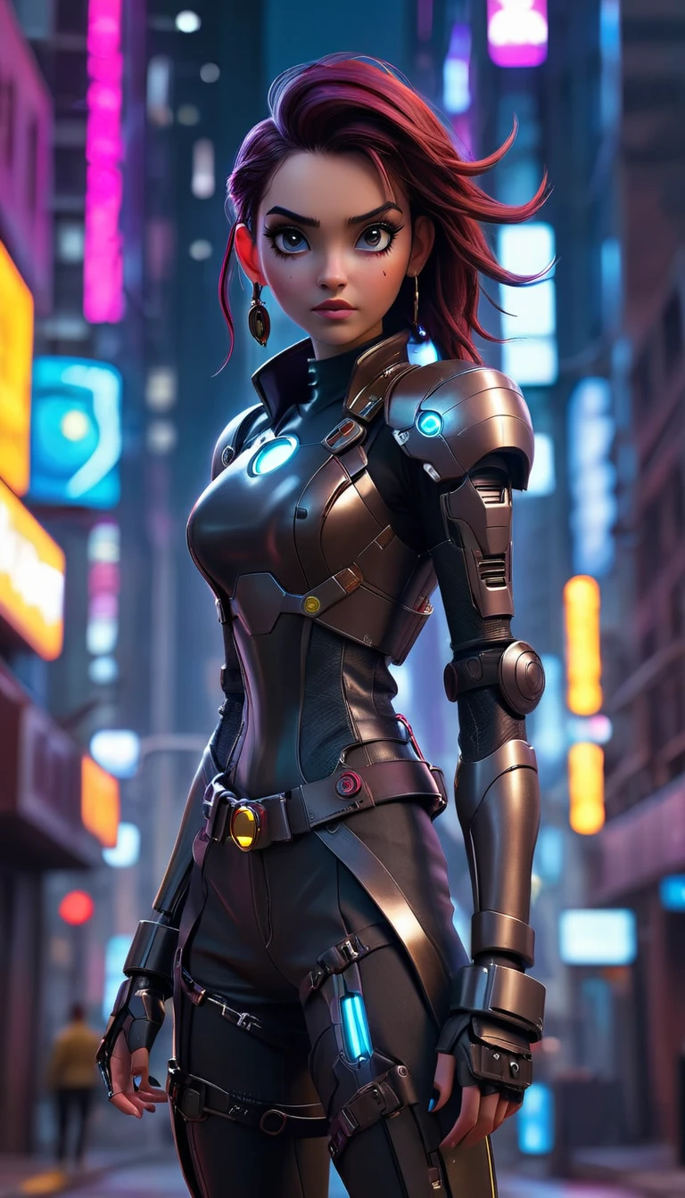 "Create a realistic, highly detailed 8K image of a 20-year-old female space pirate inspired by Iron Man, wearing a shiny, futuristic mech. She is in a cyberpunk-style urban night scene, walking down a street with tall buildings and neon lights. The atmosphere is futuristic and full of adventure, with science fiction elements."