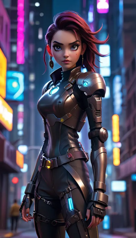 "Create a realistic, highly detailed 8K image of a 20-year-old female space pirate inspired by Iron Man, wearing a shiny, futuri...