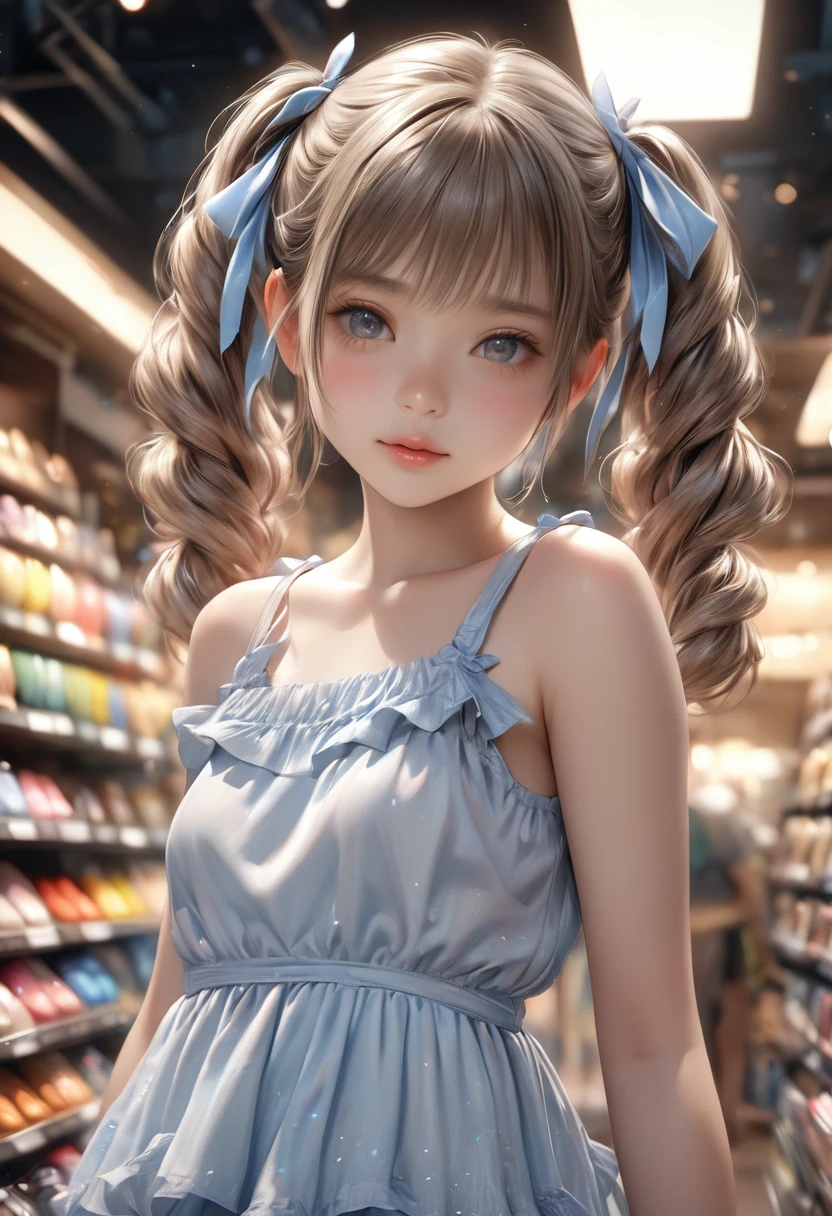 a cute angelic girl, [soft fluffy braided hair], ribbons, (((twin tails))), summer-like, [bright colored tiered dress], [subtle skin exposure], shopping, (best quality,4k,8k,highres,masterpiece:1.2),ultra-detailed,(realistic,photorealistic,photo-realistic:1.37),HDR,UHD,studio lighting,ultra-fine painting,sharp focus,physically-based rendering,extreme detail description,professional,vivid colors,bokeh,portraits,