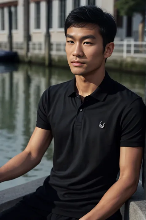 young asian man in a black polo shirt sitting by the canal with a serious expression, looking into the distance Turn your head s...