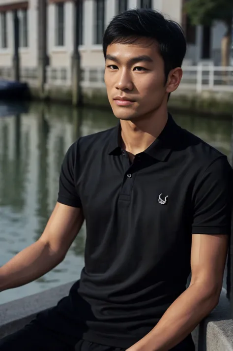 young asian man in a black polo shirt sitting by the canal with a serious expression, looking into the distance turn your head s...