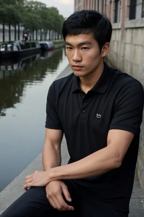young asian man in a black polo shirt sitting by the canal with a serious expression, looking into the distance Turn your head s...