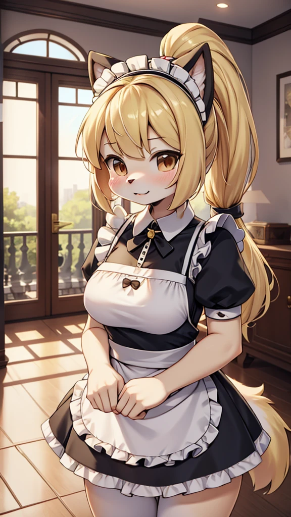 Dog Girl，Maid costume，Blonde hair，Full body blonde hair，Gentle temperament，hairy，hairy，hairy，hairy，hairy，furry，furry，furry，furry，furry girl，cute and gentle，Indoor background，Mansion Background，Hall background，Low Ponytail，Low Ponytail，Dog ears，Dog ears，big ear，hairy ears，cute