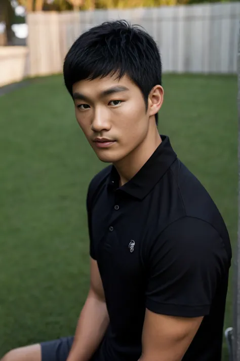 young asian man in a black polo shirt sitting on the grass with a serious expression, looking into the distance Turn your head s...