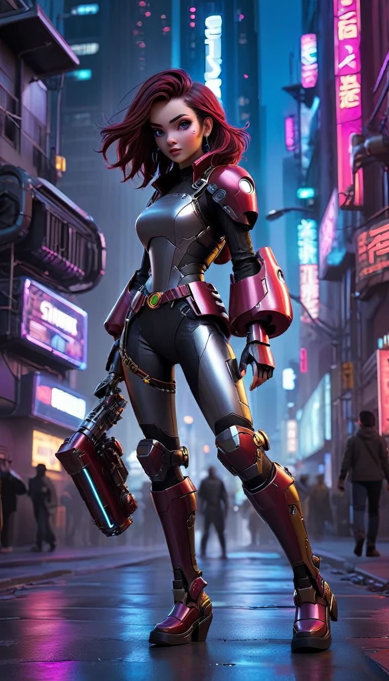 "Create a realistic, highly detailed 8K image of a 20-year-old female space pirate inspired by Iron Man, wearing a shiny, futuristic mech. She is in a cyberpunk-style urban night scene, walking down a street with tall buildings and neon lights. The atmosphere is futuristic and full of adventure, with science fiction elements."