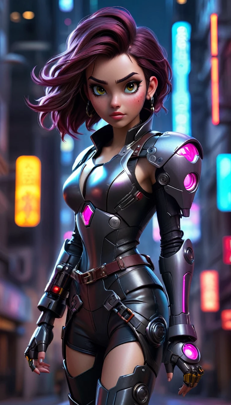 "Create a realistic, highly detailed 8K image of a 20-year-old female space pirate inspired by Iron Man, wearing a shiny, futuristic mech. She is in a cyberpunk-style urban night scene, walking down a street with tall buildings and neon lights. The atmosphere is futuristic and full of adventure, with science fiction elements."