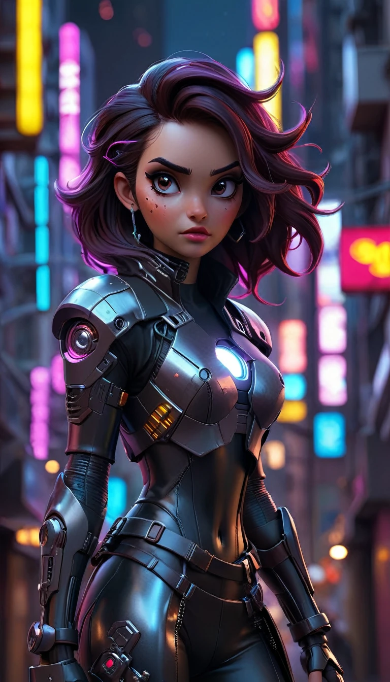 "Create a realistic, highly detailed 8K image of a 20-year-old female space pirate inspired by Iron Man, wearing a shiny, futuristic mech. She is in a cyberpunk-style urban night scene, walking down a street with tall buildings and neon lights. The atmosphere is futuristic and full of adventure, with science fiction elements."