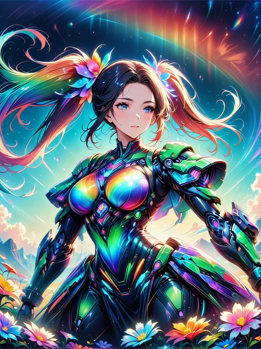 Gradient colorful glass，(机甲仙子在Rainbow colored flower meadow上rest:1.6)，whole body，Exquisite beauty（Super Fine，masterpiece，Best quality：1.4），Female mecha fairy，Dynamic Angle，best detail face（Most detailed，masterpiece，Best quality：1.5），Ultra-feminine（Most detailed，masterpiece，Best quality），Red Hair，Long hair，(Double ponytail:1.8)，Dynamic eye contact，(Wearing mecha:1.4)，rest, (Rainbow colored flower meadow:1.6)，Full Color，(Perfect spectrum:1.3)，(Vibrant work:1.4), Vibrant red，orange color，green，blue，indigo，Purple Sunlight，Sun rise，High Detail，Fantasy Art，RPG艺术Best quality，8K，whole body，Ultra wide-angle lens，realism，Mecha Girl，Anatomically correct，Textured Skin，High Detail，8K