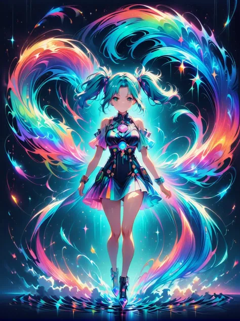 (A young woman with cyan hair in double ponytails:1.5)，Wearing a futuristic outfit，Consists of an electronic-themed dress，(She w...