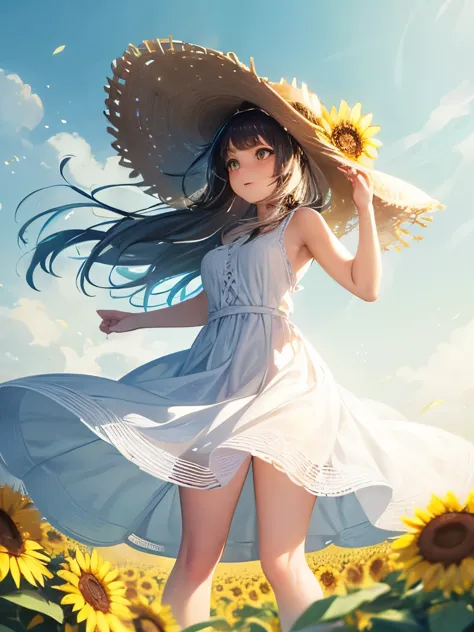 One girl,alone, (White lace dress:1.2),loose fitting dress (Big straw hat:1.2), Sunflower field, Under the sunlight, A light smi...