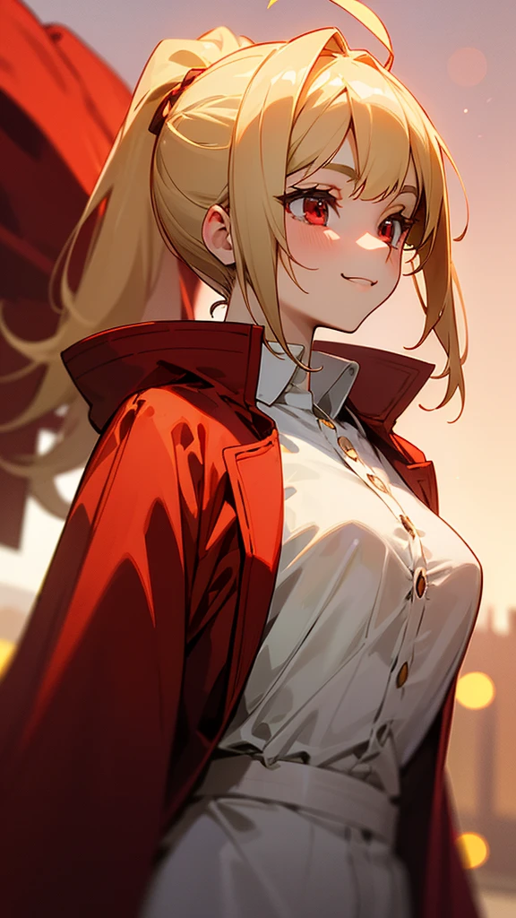 1 Girl、Sharp focus、(Bokeh) (Highest quality) (Detailed skin:1.3) (Intricate details) (anime)、 age、Blonde ponytail、Ahoge、Beautiful red eyes、smile、Red coat、White shirt、Slender body、From the side、Upper body close-up、Golden Hour Sky