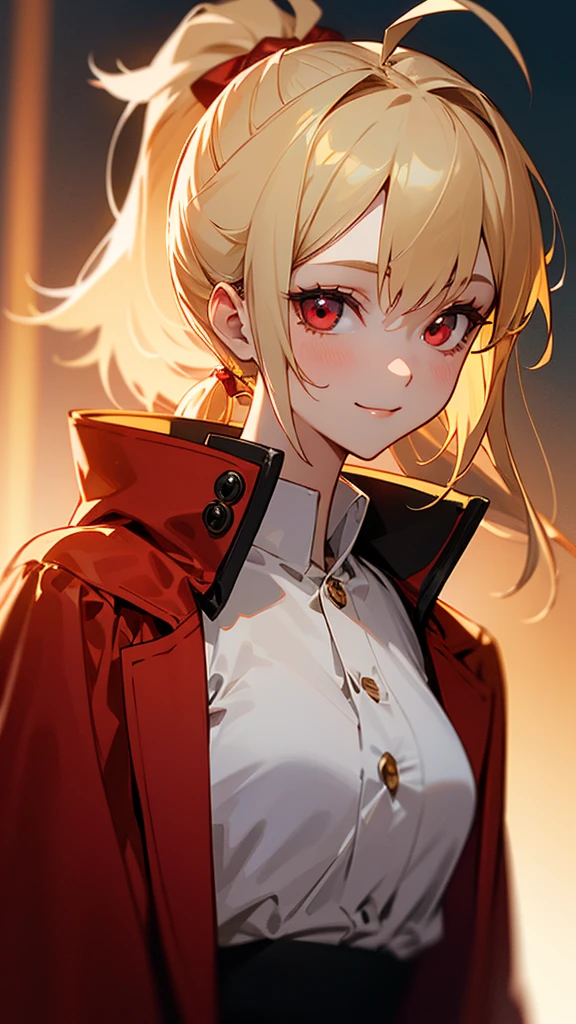 1 Girl、Sharp focus、(Bokeh) (Highest quality) (Detailed skin:1.3) (Intricate details) (anime)、 age、Blonde ponytail、Ahoge、Beautiful red eyes、smile、Red coat、White shirt、Slender body、From the side、Upper body close-up、Golden Hour Sky