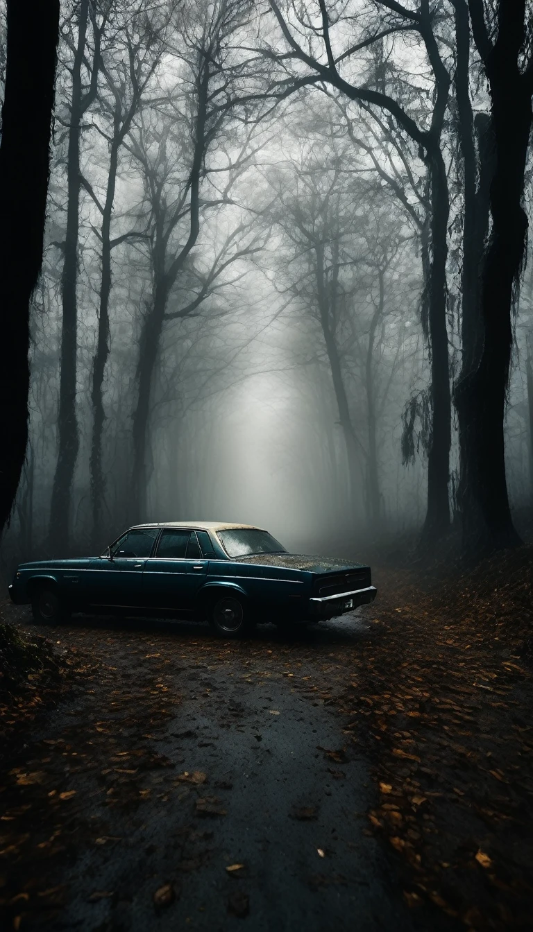 Dentro do carro, O interior do carro permanece mal iluminado, com a estrada da floresta nebulosa e árvores retorcidas visíveis através das janelas. Cinematic, Alto contraste, assustador.