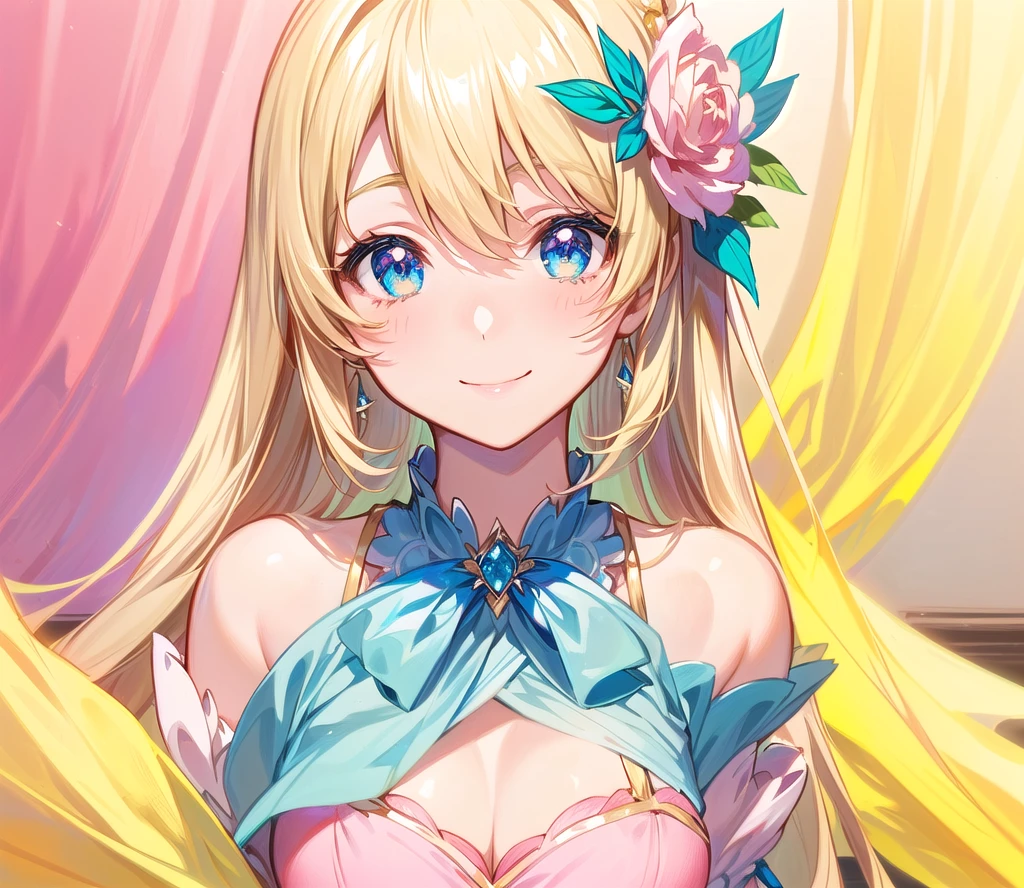 Anime girl with blonde hair and a pink dress posing for the camera, My Dress Up Darling Anime, Shirabii, , Smiling like a fairy queen, Anime Goddess, A juicy peach that looks like a human, shikamimi, Cute anime waifu in a nice dress, I also make fan art, Anime Moe Art Style, Cute realistic portrait, Holding a bouquet、happy