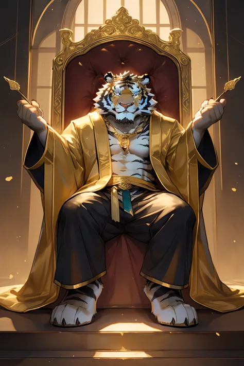 (A gold and white tiger in a golden robe sits on a throne),Golden Tiger Robe, The God-Emperor of Mankind, Hot topics on artstati...