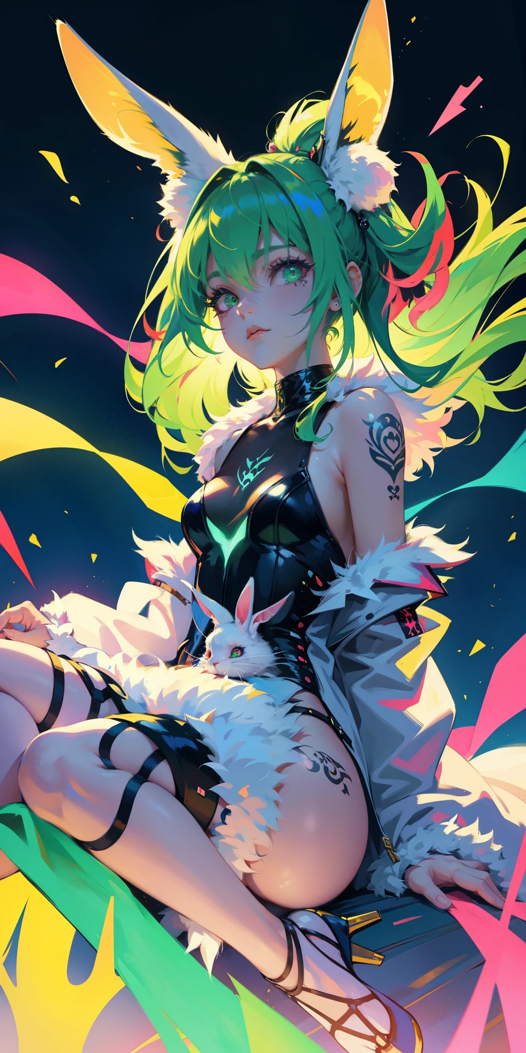 Rabbit technique , Science Fiction, Fluffy , 
1 girl, Tattoo, Glowing tattoo, Glowing eyes, Colorful glowing hair , Full body love, Green Hair,
  Kawaiitech, Soft colors, Kawaii, Lovely colors,