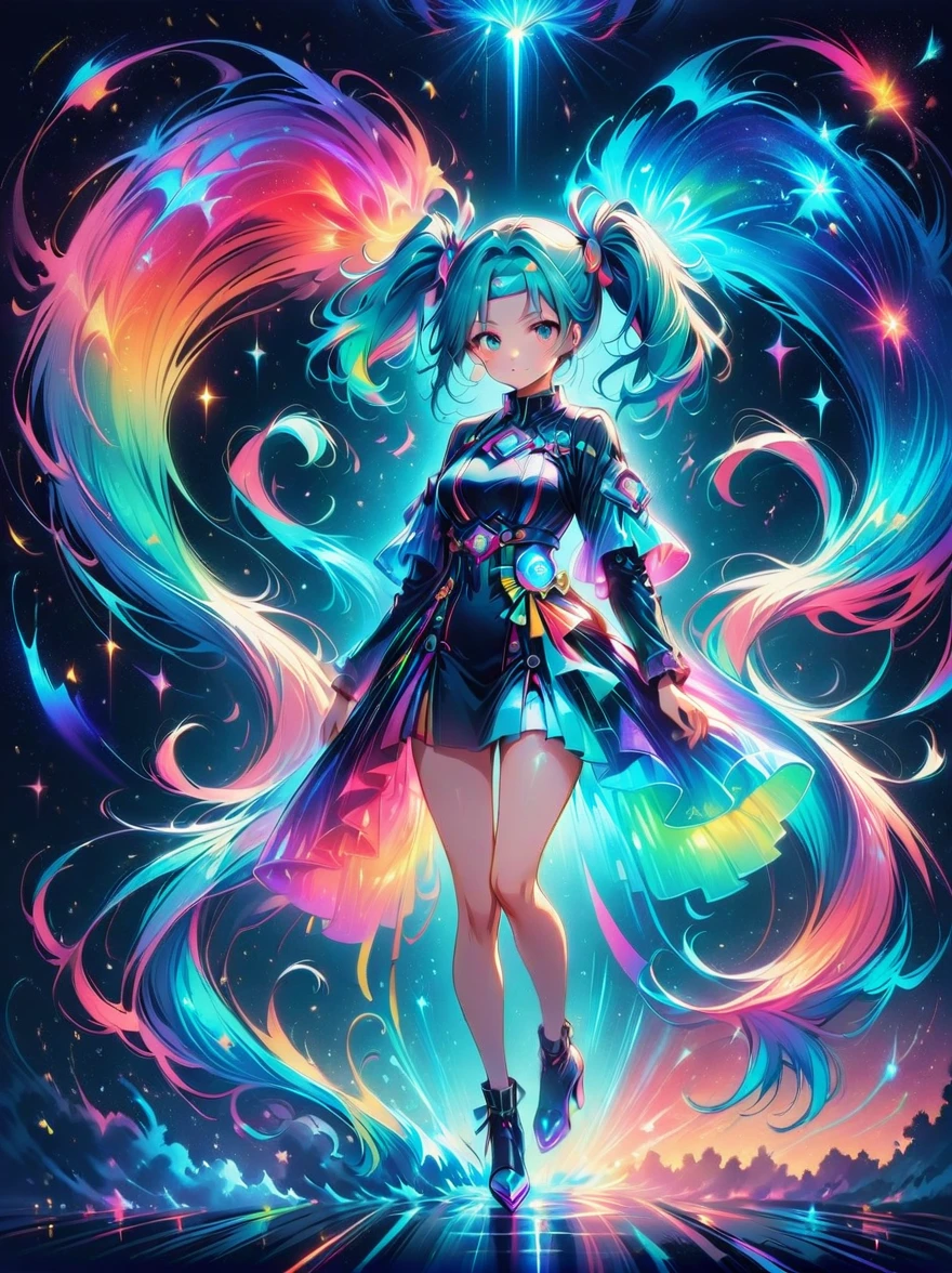 (A young woman with cyan hair in double ponytails:1.5)，Wearing a futuristic outfit，Consists of an electronic-themed dress，(She was wearing transparent high heels made of electronic elements.:1.3)，Her headband consists of a square-shaped emblem.，Hanging ribbons，The color palette includes cyan，black and white，The overall tone is colorful and vibrant，(Full body shot:1.5)，(Vision:1.5)