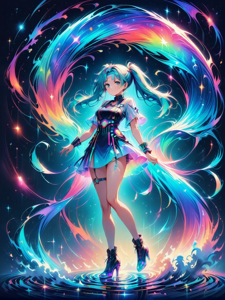 (A young woman with cyan hair in double ponytails:1.5)，Wearing a futuristic outfit，Consists of an electronic-themed dress，(She was wearing transparent high heels made of electronic elements.:1.3)，Her headband consists of a square-shaped emblem.，Hanging ribbons，The color palette includes cyan，black and white，The overall tone is colorful and vibrant，(Full body shot:1.5)，(Vision:1.5)