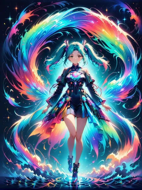 (A young woman with cyan hair in double ponytails:1.5)，Wearing a futuristic outfit，Consists of an electronic-themed dress，(She w...