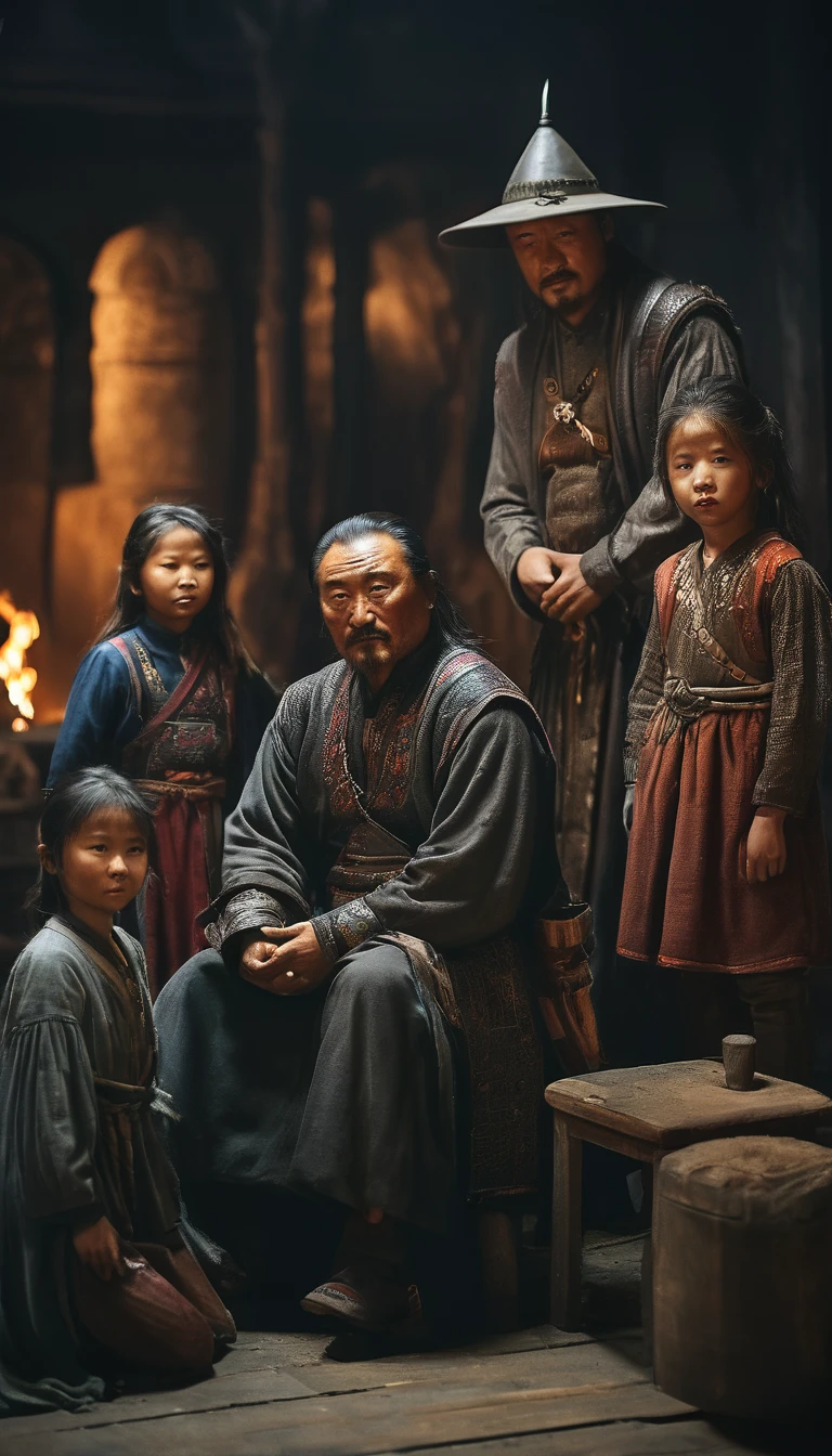 Gengis Khan com sua família, mostrando um lado mais pessoal e humano do líder, fundo escuro, hiper-realista, ultra detailed hiper-realista, fotorrealista, iluminação de estúdio, Reflexões, pose dinâmica, Cinematic, gradação de cores, fotografia, Filmado com lente 50mm, Ângulo ultra-amplo, profundidade de campo, hiper-detalhado, lindamente colorido, 8K